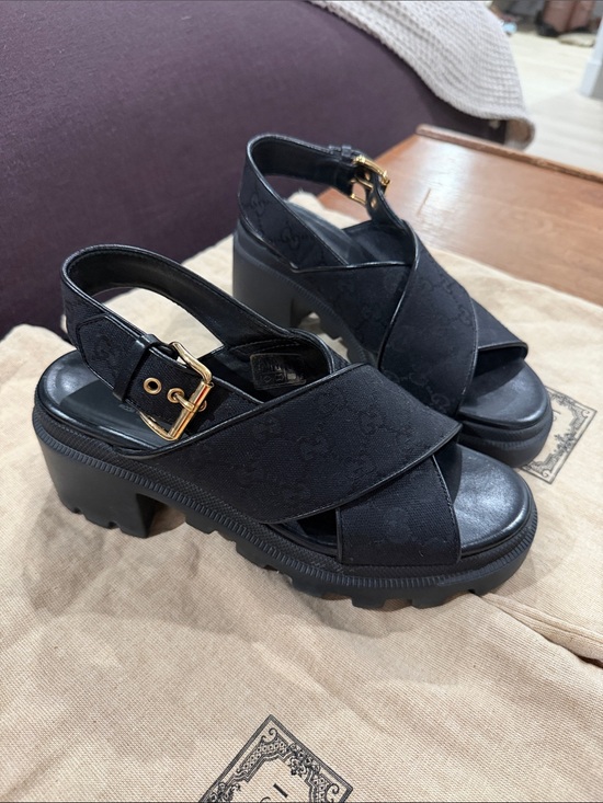 Gucci Shoes - Gucci Black Crisscross GG Canvas Slingback Sandals with Gold Buckle